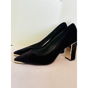 Melyann Velvet Heels 8.5 Black Pumps Academia Office Career Capsule Gold Stacked